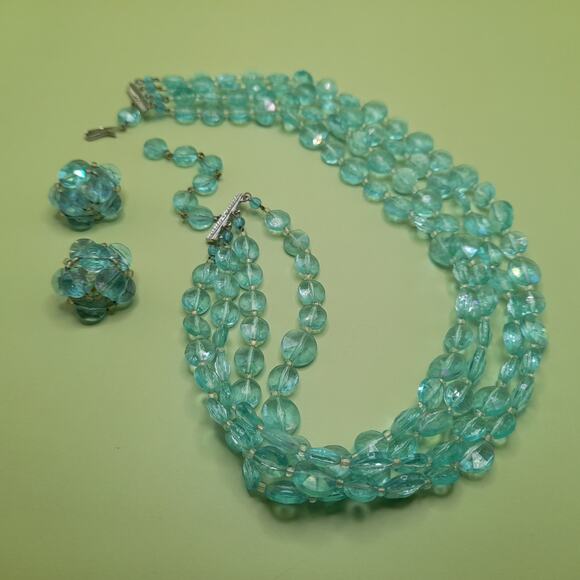 Vintage West Germany Aqua Lucite Bead Necklace Earrings Set, 1940s - Picture 12 of 13